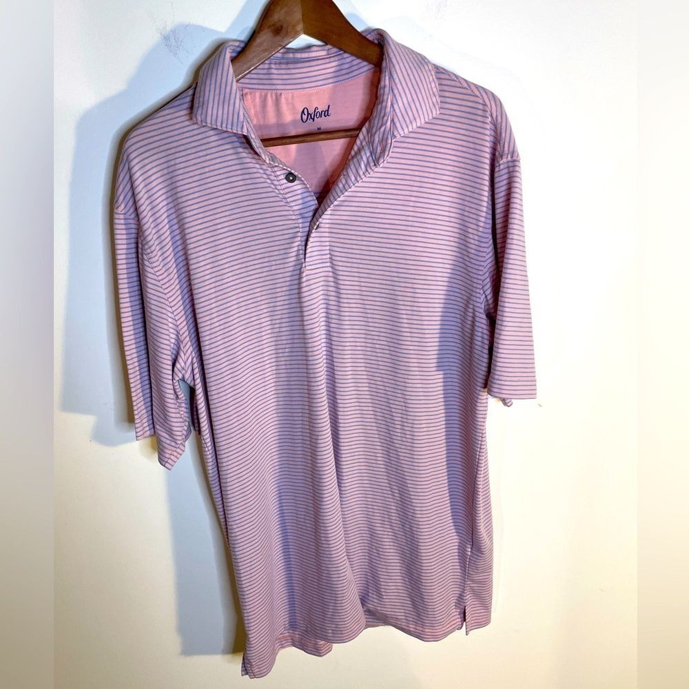 Oxford Pink Striped Golf Shirt Mens Medium Polo Performance Soft Comfortable